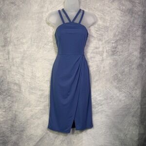 Belle Poque Strappy Faux Wrap Sheath Dress Womens Sz S Blue Wedding Guest